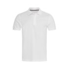 Plain white polo shirt with short sleeves and a collar on a white background.