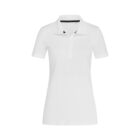 White polo shirt with short sleeves and a collar on a white background.