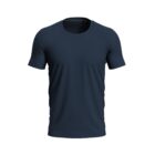 A plain, dark blue, short-sleeved T-shirt on a white background.