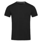 Black short-sleeve crewneck t-shirt on a white background.