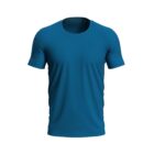 Blue short-sleeve crew neck t-shirt on white background.