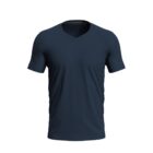 Dark blue V-neck t-shirt on a plain white background.