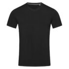 Black V-neck T-shirt on a white background.