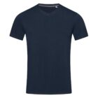 Dark blue V-neck T-shirt against a white background.