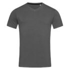 A plain dark grey V-neck T-shirt on a white background.