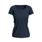 Dark blue short-sleeve womens T-shirt displayed on a white background.