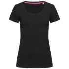 Black short-sleeve womens T-shirt with a scoop neckline.