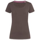 Plain brown T-shirt with pink neck lining on a white background.
