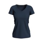 Dark blue V-neck short-sleeve womens shirt on a white background.