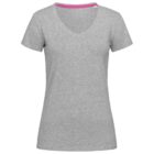 Gray V-neck T-shirt with short sleeves on a white background.