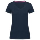 Navy blue V-neck T-shirt with short sleeves, displayed against a plain white background.