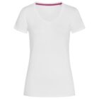 Plain white V-neck T-shirt with a purple inner collar lining, isolated on a white background.