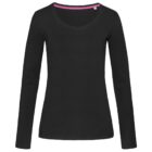 Black long-sleeve V-neck shirt on a white background.