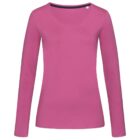 Pink long-sleeve shirt with a round neckline on a plain white background.