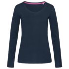 A plain long-sleeve navy blue shirt with a V-neck.