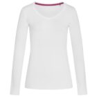 White long-sleeved V-neck shirt with a pink neckline trim.