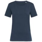 Plain dark blue T-shirt with short sleeves on a white background.