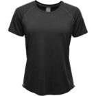 Black short-sleeve athletic shirt displayed on a plain white background.