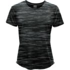 Black and gray striped short-sleeve T-shirt on a plain background.