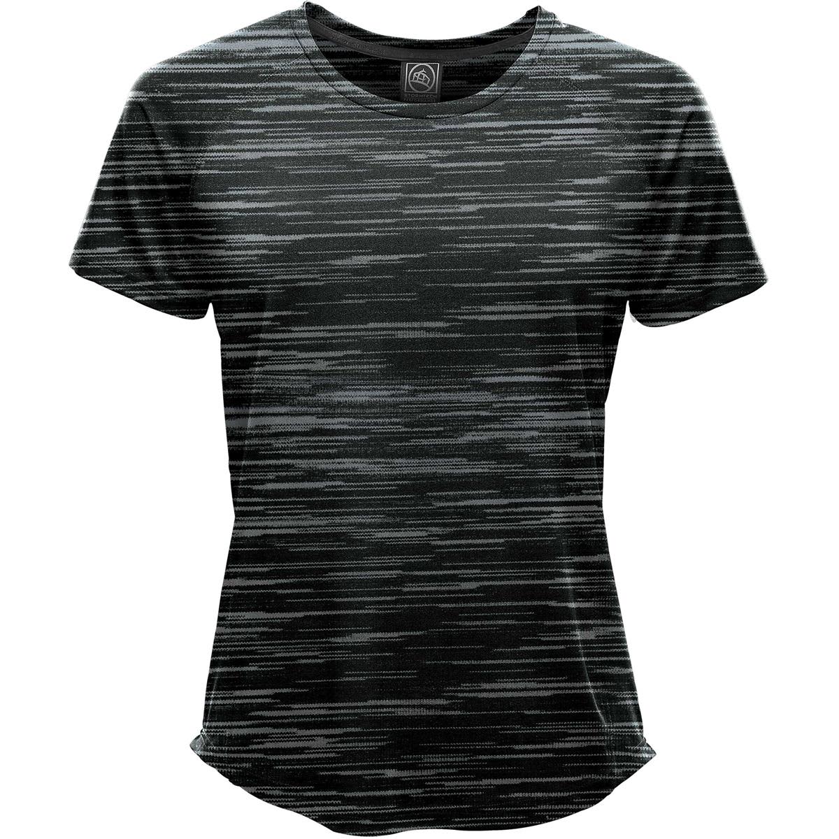 Black and gray striped short-sleeve T-shirt on a plain background.