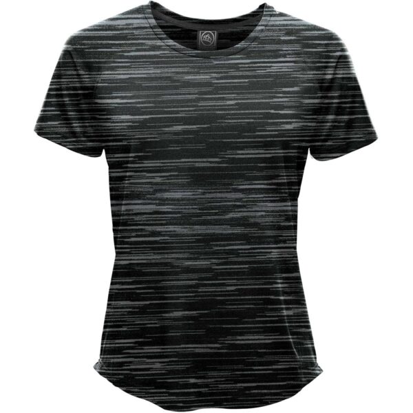 Dark gray patterned T-shirt with short sleeves and a rounded hem.