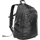 Black backpack with multiple zippered compartments and adjustable straps.