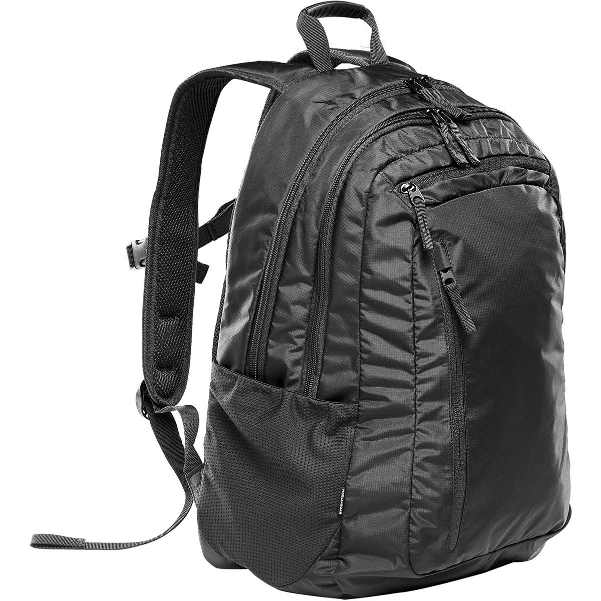 Black backpack with multiple zippered compartments and a top handle.
