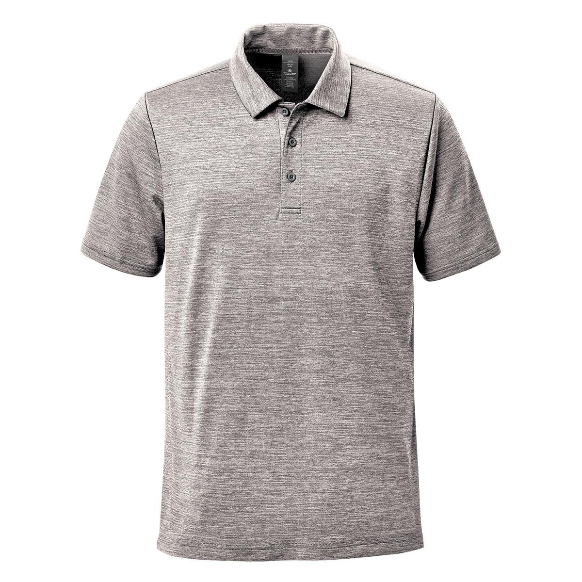 Gray short-sleeve polo shirt with a buttoned collar, shown on a white background.