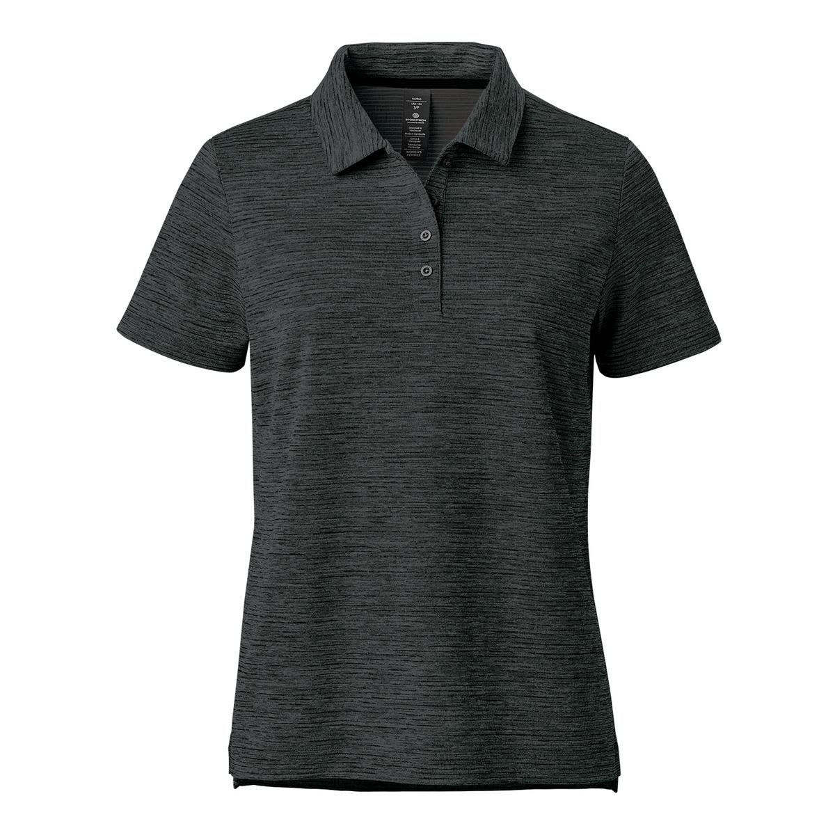 Dark green heathered polo shirt with a collar and buttons on a white background.