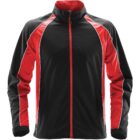 Black and red zip-up jacket with white piping on a plain background.