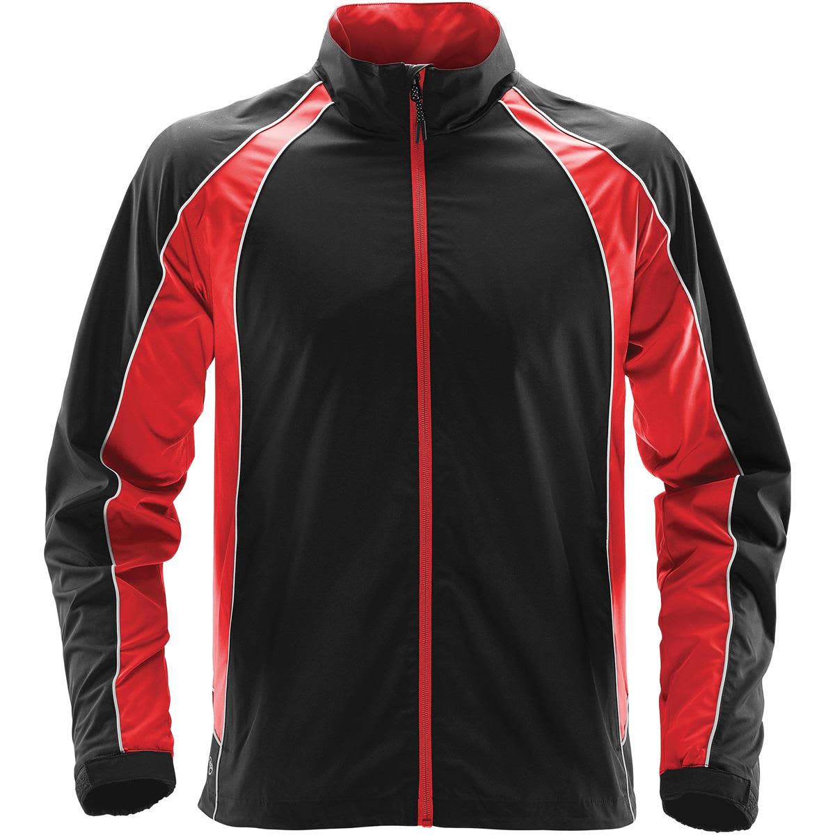 Black and red zip-up jacket with white piping on a plain background.