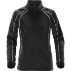 Black zip-up jacket with white piping and long sleeves.