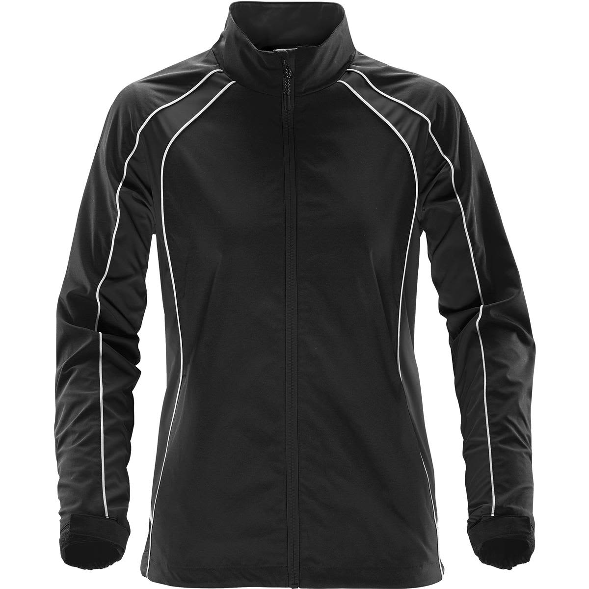 Black zip-up jacket with white piping and long sleeves.