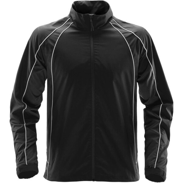 Black jacket with white piping, front view, zipped up, long sleeves, and stand-up collar.
