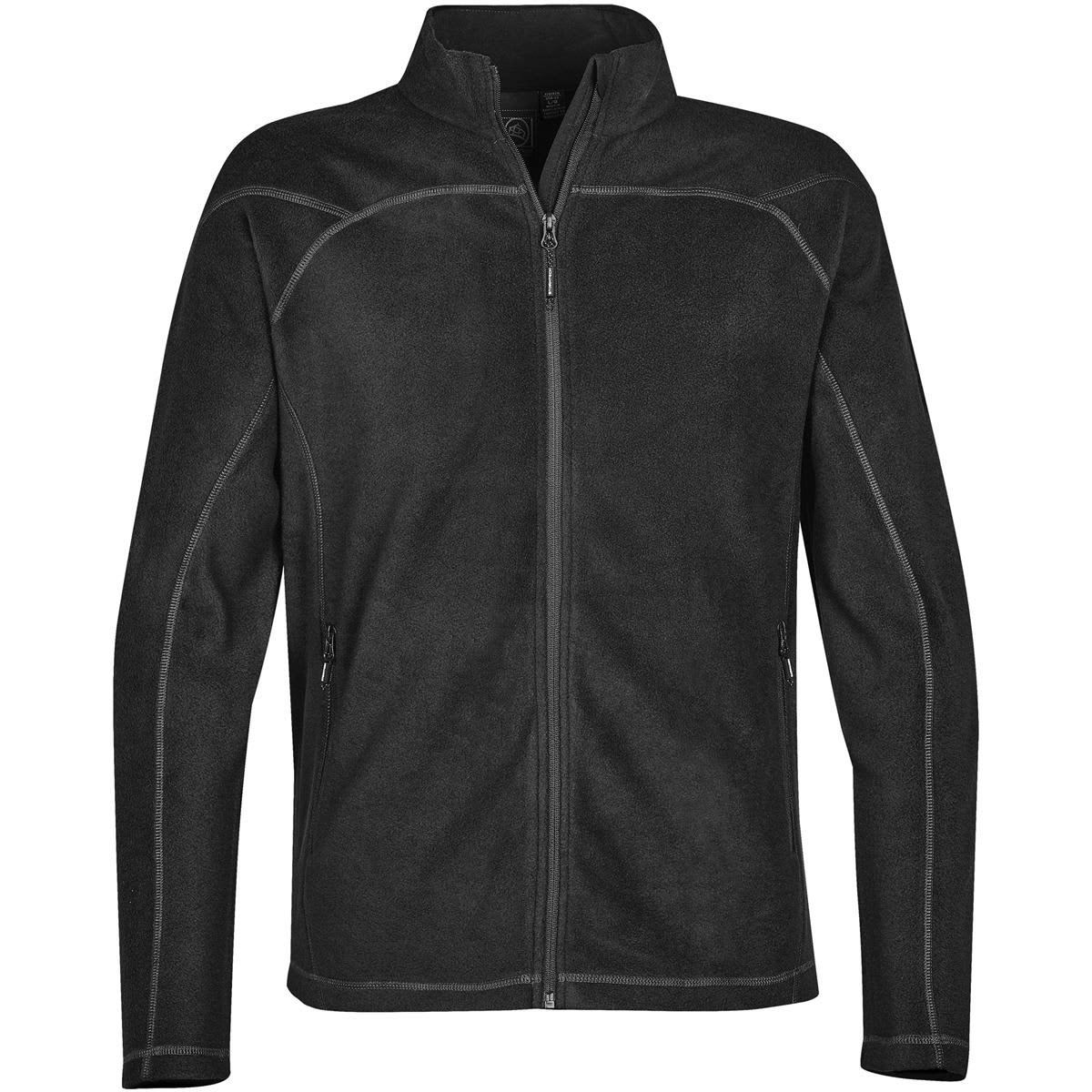 Black fleece jacket with a full zipper and stand-up collar.