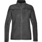 Gray zip-up fleece jacket with black piping and two zippered pockets.