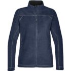 Navy blue zip-up fleece jacket with high collar and stitching details.