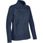 Navy blue zip-up fleece jacket with high collar and side pockets.