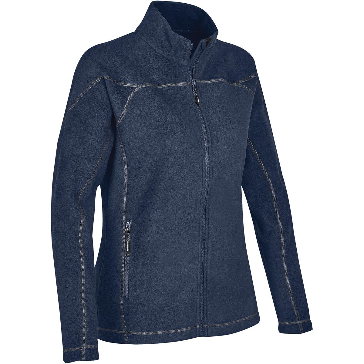 Navy blue zip-up fleece jacket with high collar and side pockets.