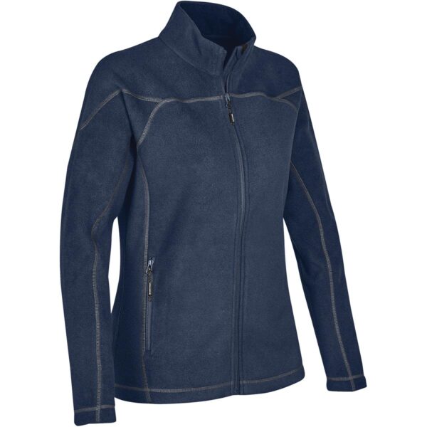 Navy blue fleece jacket with a front zipper and zippered pockets.