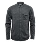 Dark gray button-up shirt with a collar and chest pocket on a white background.