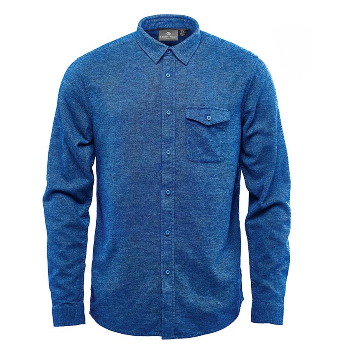 Blue long-sleeve button-up shirt with a chest pocket.