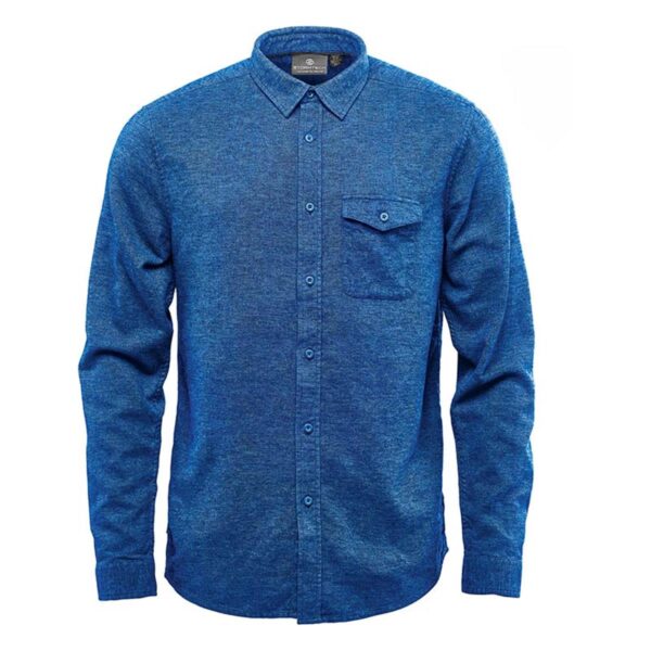 Blue button-up shirt with a chest pocket, displayed on a white background.