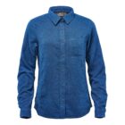 Blue long-sleeve button-up shirt with a collar and chest pocket.