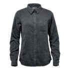 Dark gray collared shirt with buttons and a chest pocket, sleeves rolled down.