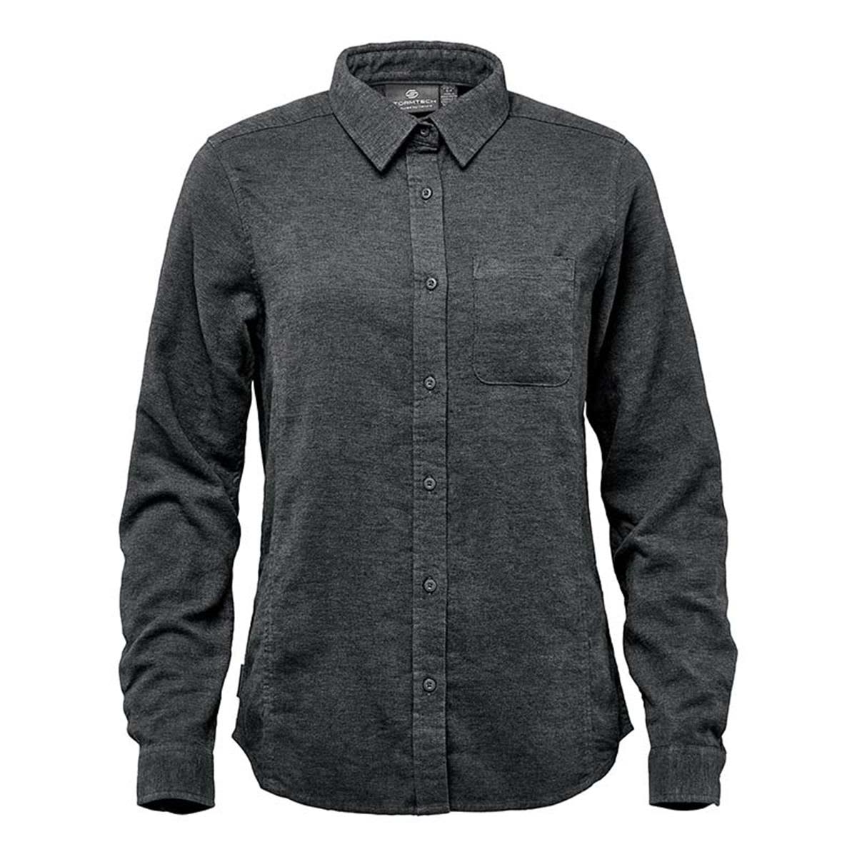 Dark gray collared shirt with buttons and a chest pocket, sleeves rolled down.