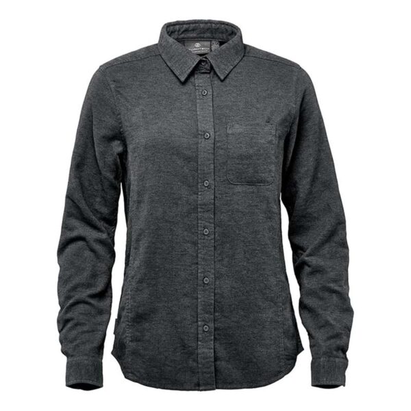 Dark gray, long-sleeved button-up shirt with a chest pocket.
