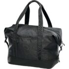 Black duffel bag with handles and a front zipper pocket.