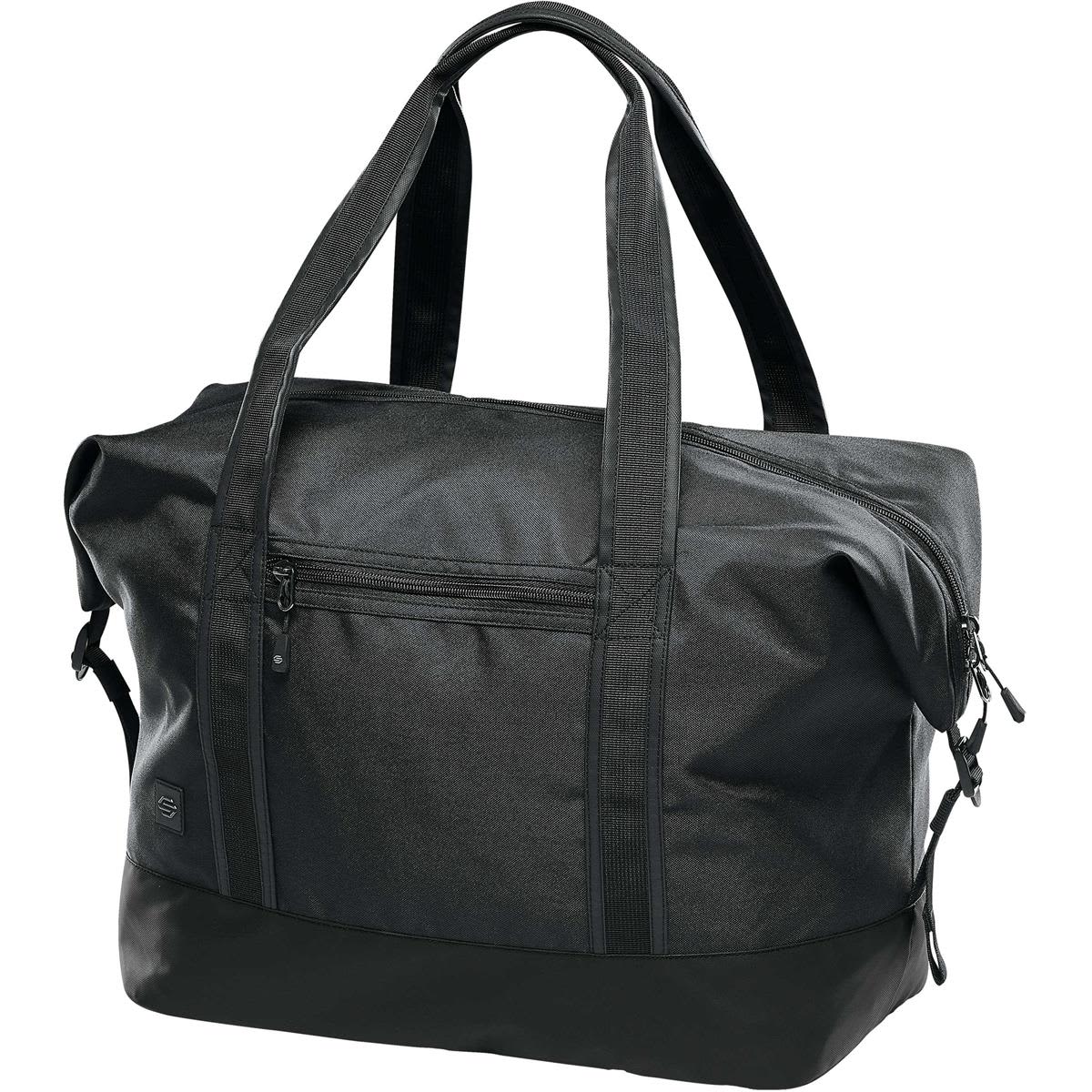 Black duffel bag with handles and a front zipper pocket.