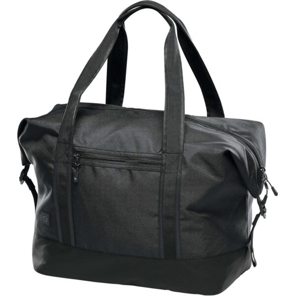 Black travel duffel bag with dual handles and side zippers.